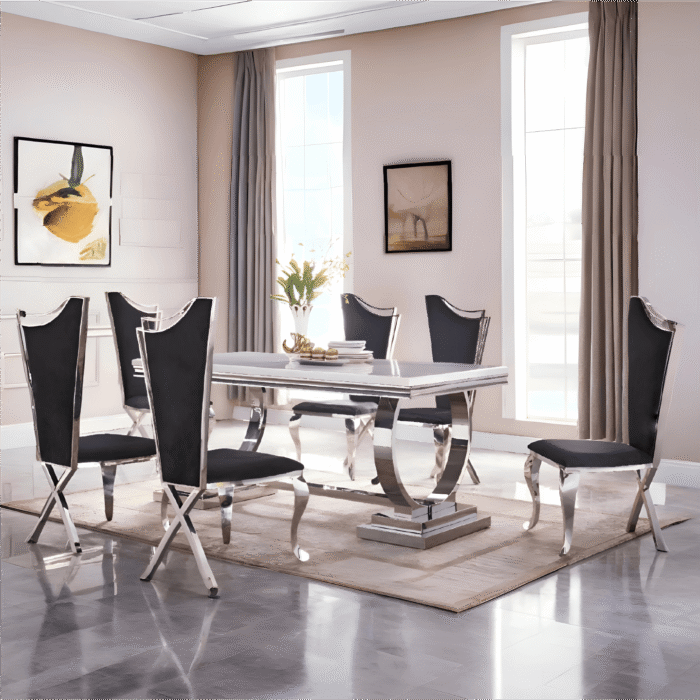 Bravia Large 200M Marble Stone Grey Top Dining Table with 6 Chairs