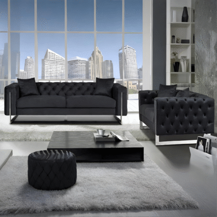 New Luxury Fenzi Chesterfield Sofa Set in Plush Velvet-Black