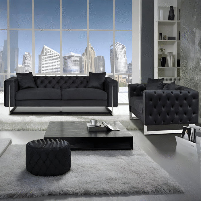 New Luxury Fenzi Chesterfield Sofa Set in Plush Velvet-Black