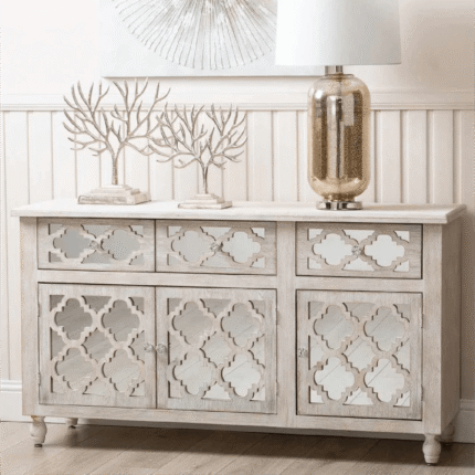 Hampton Beach 3 Door 3 Drawer Wood Large Sideboard Mirrored Cabinet