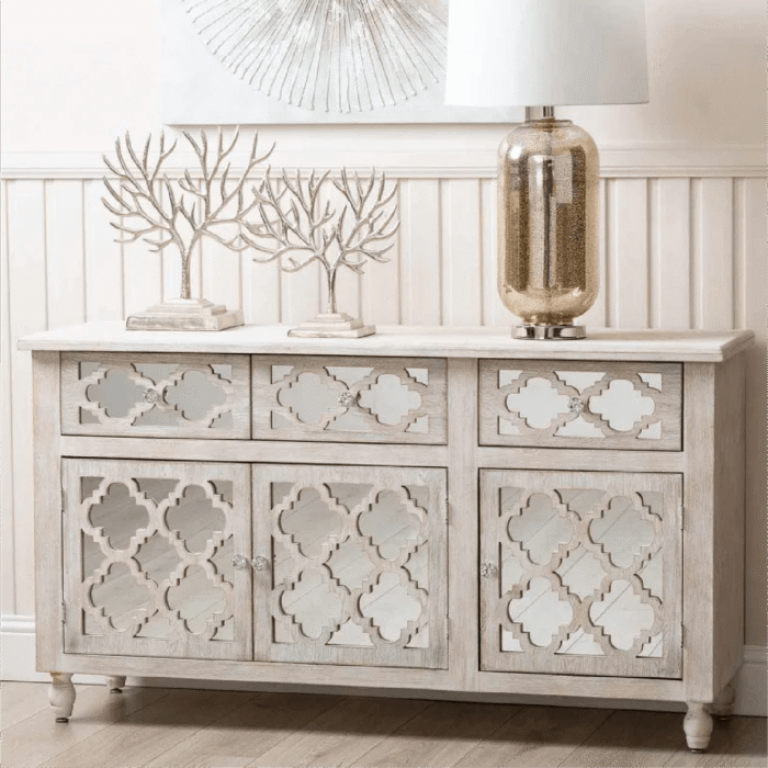 Hampton Beach 3 Door 3 Drawer Wood Large Sideboard Mirrored Cabinet