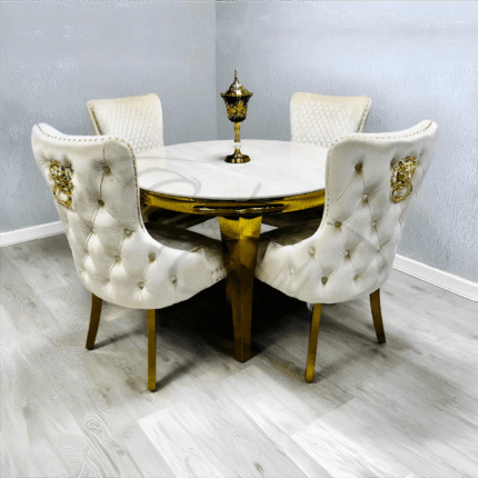 Sofia1.1 Round Marble Top Dining Table with 4 Victoria Lion Knocker Cream Velvet Chairs