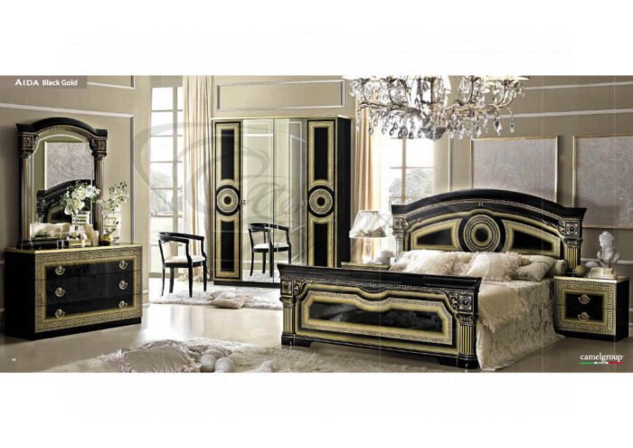 Luxury Camel Group Italian Aida 4Doors Black-Gold High Gloss Bedroom Set