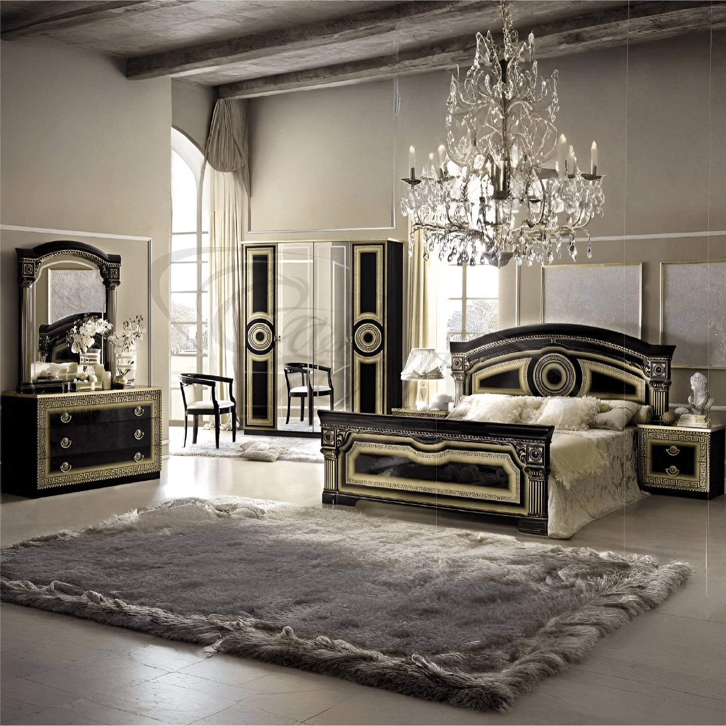 Luxury Camel Group Italian Aida 4Doors Black-Gold High Gloss Bedroom Set
