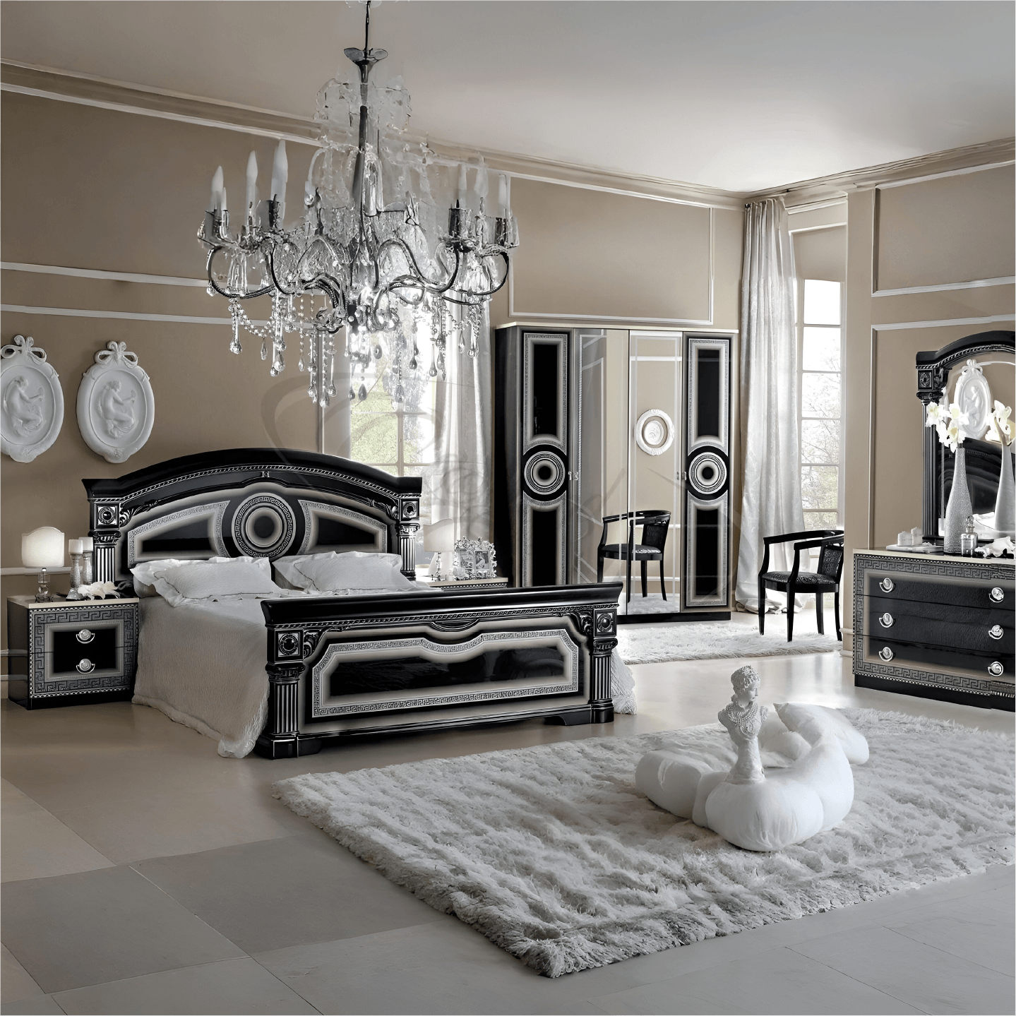 Luxury Camel Group Italian Aida 4Doors Black-Silver High Gloss Bedroom Set