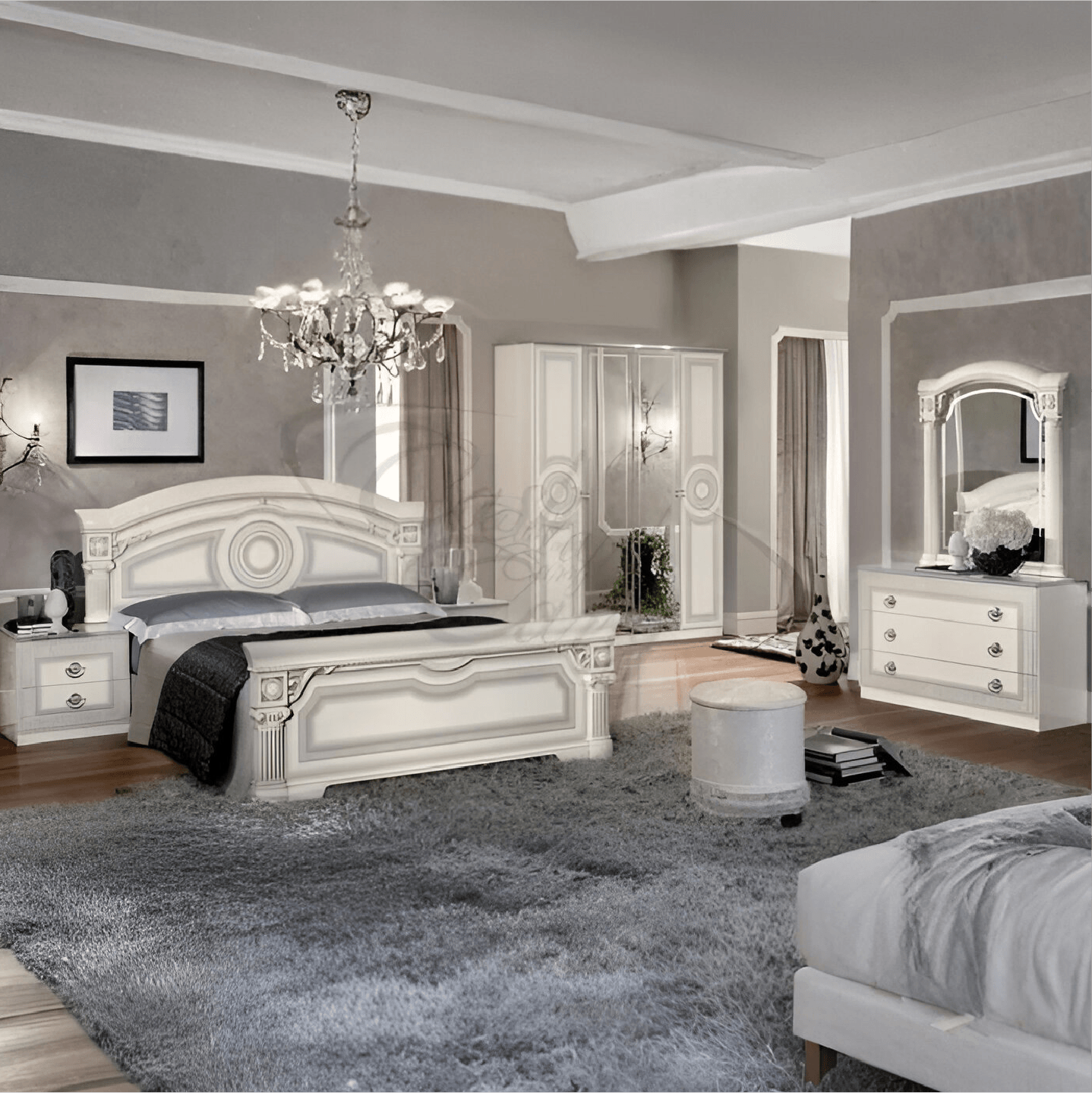 Camel Group Luxury Italian Aida 4 Doors White-Silver High Gloss Bedroom Set