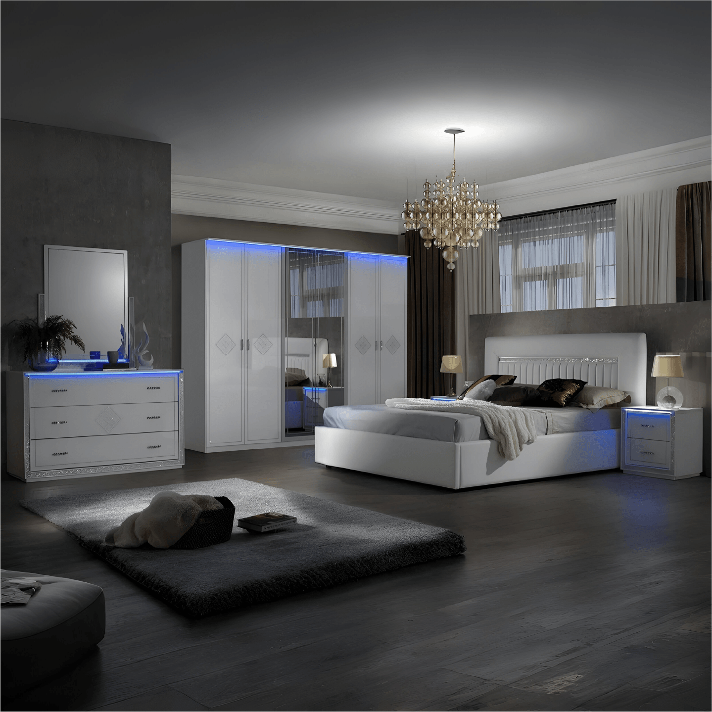 Luxury Gema Italian Storage With LED Lights H/Gloss 6 Doors Wardrobe Bedroom Set