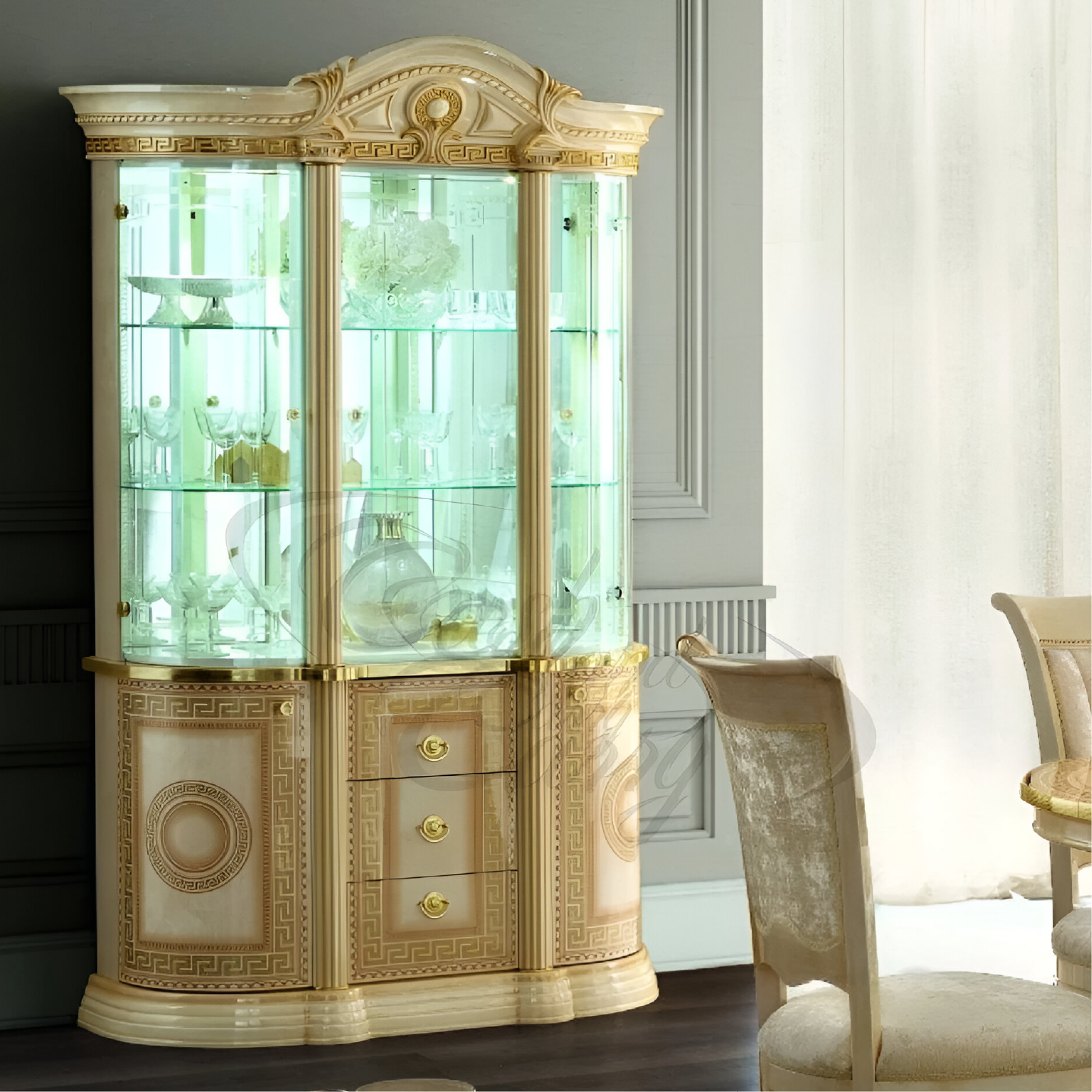 Luxury MEDUSA AIDA Italian Cream & Gold 3 Door Display Cabinet by Camel Group Italy