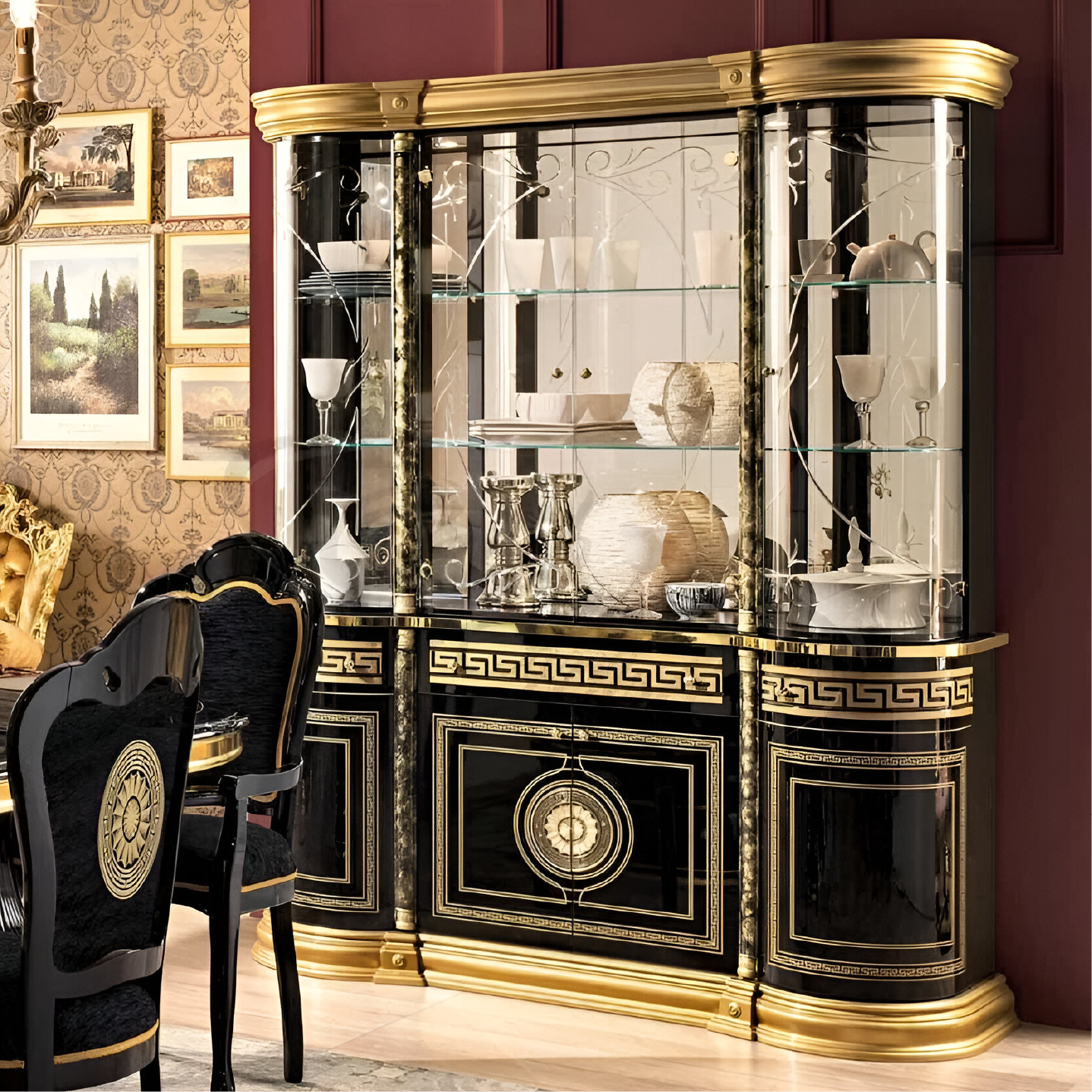 Camel Group Luxury Venus Versace Design Italian High Gloss Black-Gold 4 Door Display Cabinet