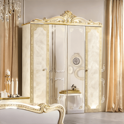 Luxury Leonardo Italian High Gloss Ivory and Gold Finish 4 Door Mirror Wardrobe only by Camel Group