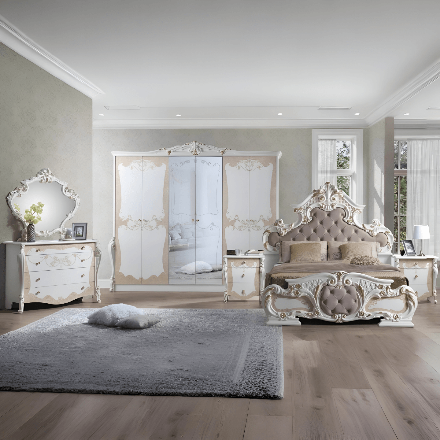 Margot Classic Large 6 Doors Italian Bedroom Set Beige/Gold