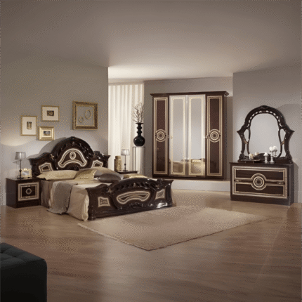 Sara Italian 4 Doors High Glossy Bedroom Set Mahogany Ben Company