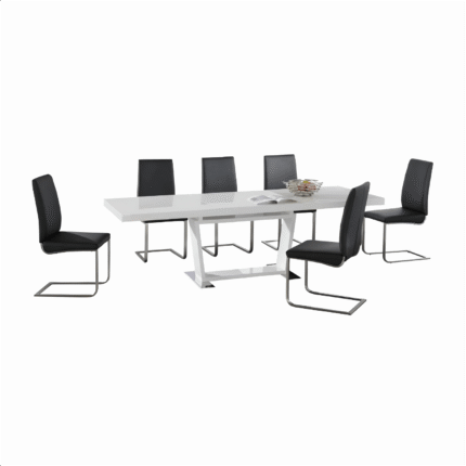 Maxwell High Gloss Extending Dining Table with Stainless Steel Base + 6 Chairs