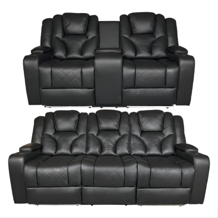 AMSTERDAM 3+2 TOP GENUINE LEATHER ELECTRIC LED RECLINING SOFA – BLACK