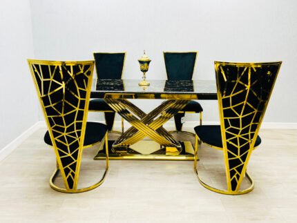 Stunning Elina Marble Dining Table Black-Gold 180 + 6 Vienna Black-Gold Chairs