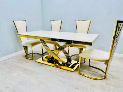 Stunning Elina Marble Dining Table Cream-Gold 180 + 6 Vienna Cream-Gold Chairs