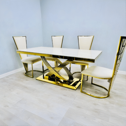 Stunning Elina Marble Dining Table Cream-Gold 180 + 6 Vienna Cream-Gold Chairs