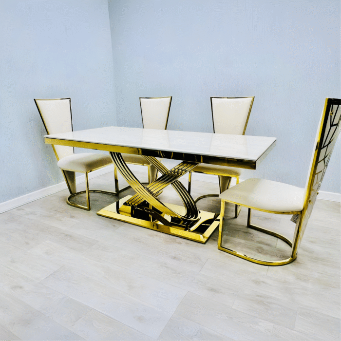 Stunning Elina Marble Dining Table Cream-Gold 180 + 6 Vienna Cream-Gold Chairs
