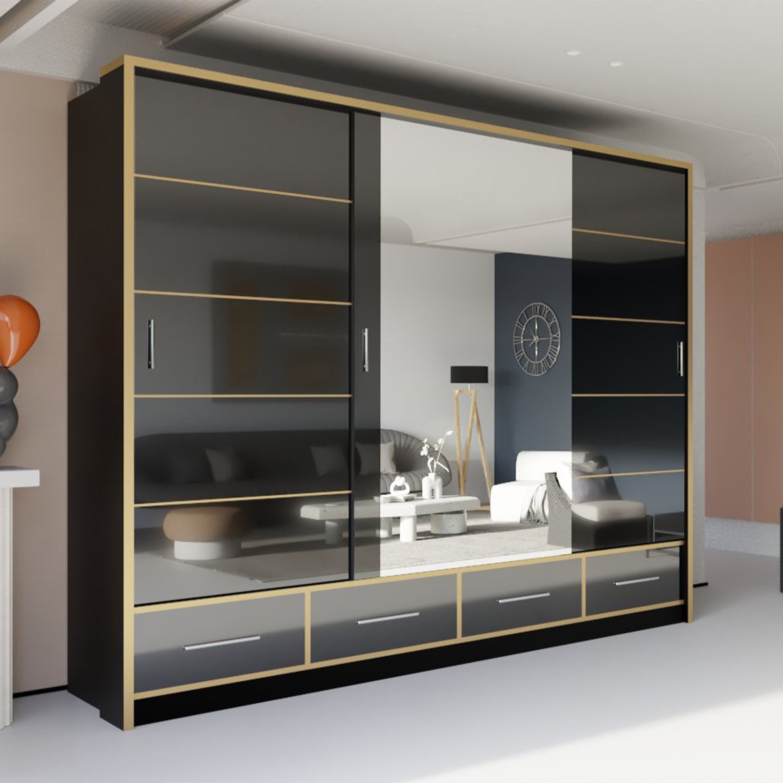 SYDNEY HIGH GLOSS BLACK SLIDING WARDROBE - Image 3