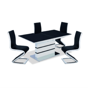 Aldridge High Gloss Dining Table White with Black Glass Top 4 chairs