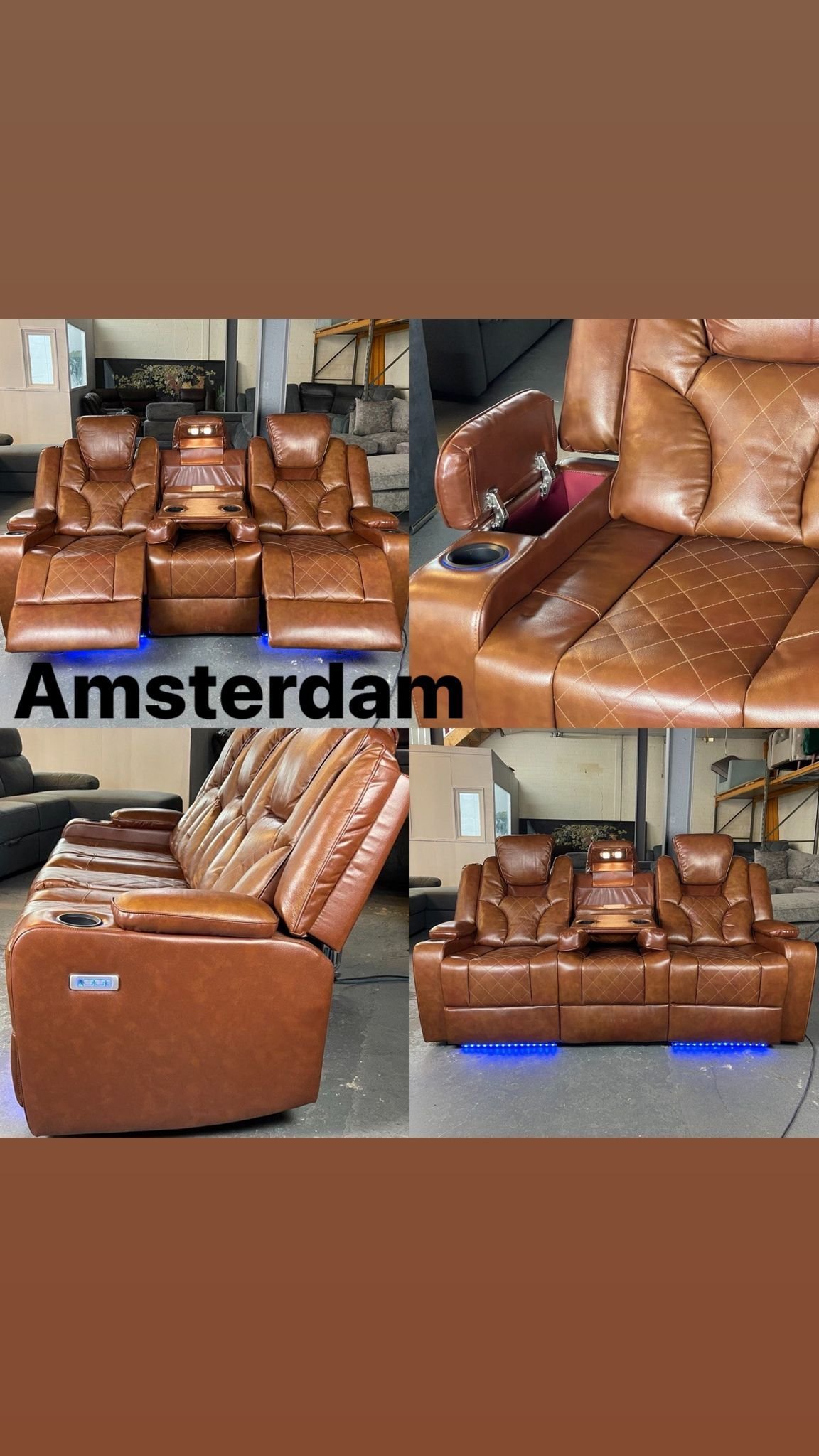 AMSTERDAM 3+2 TOP GENUINE LEATHER ELECTRIC LED RECLINING SOFA – TAN COLOUR - Image 10