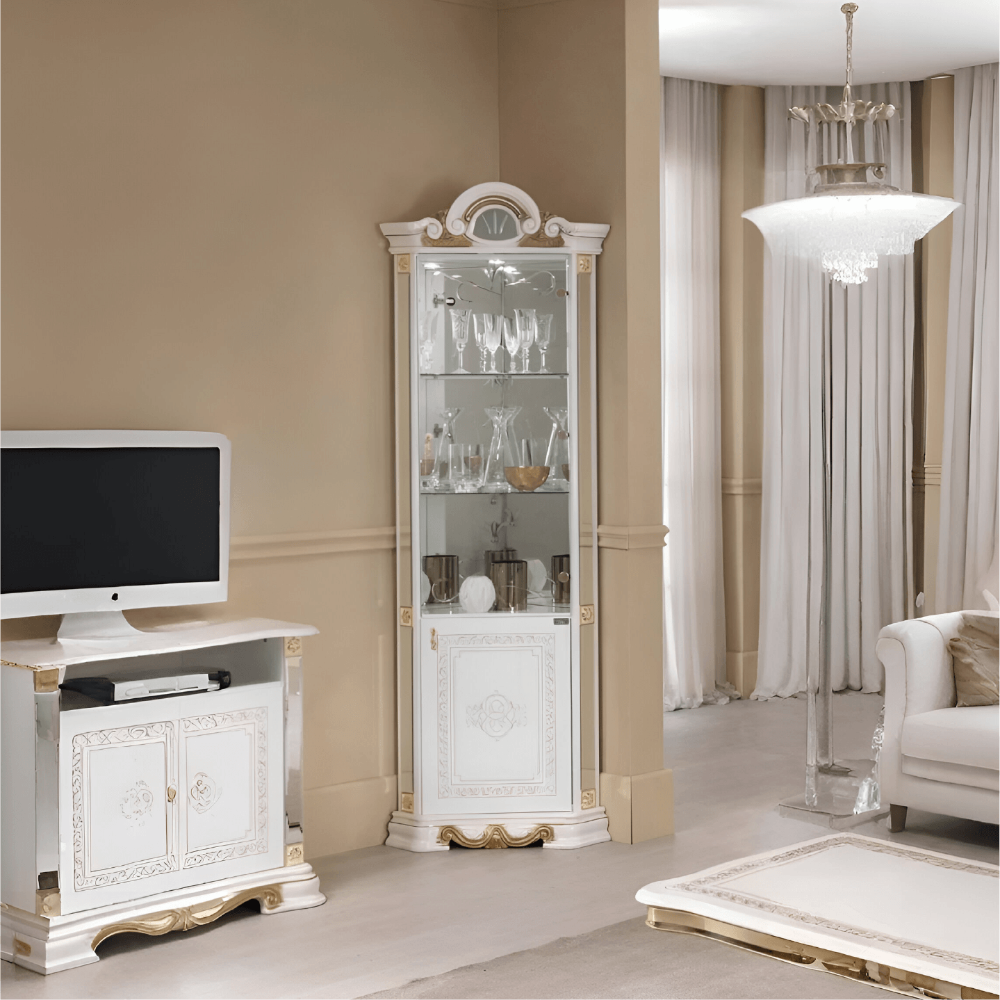 Ben Company Betty White-Gold Finish Italian Corner Display Cabinet