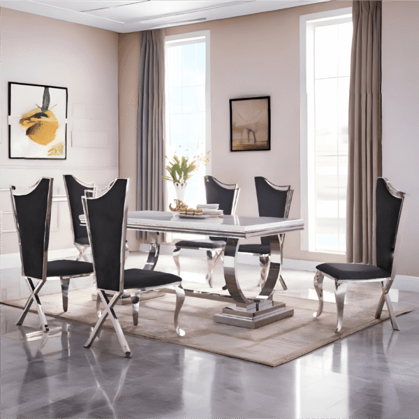 200m Table Bravia Large 200M Marble Stone Grey Top Dining Table with 6 Chairs ...