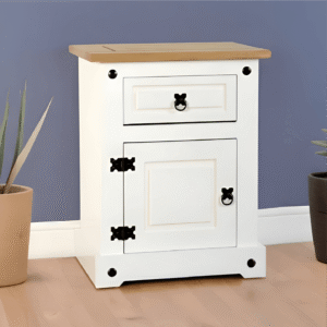 Corona 1 Drawer 1 Door Bedside Cabinet in White/Distressed Waxed Pine
