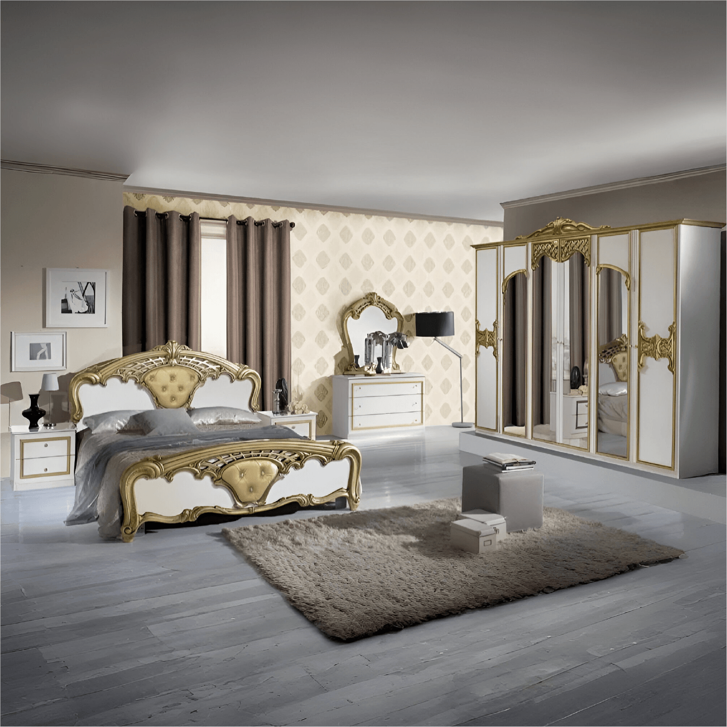 Eva Italian High Gloss 4Doors White and Gold Bedroom Set - Image 2