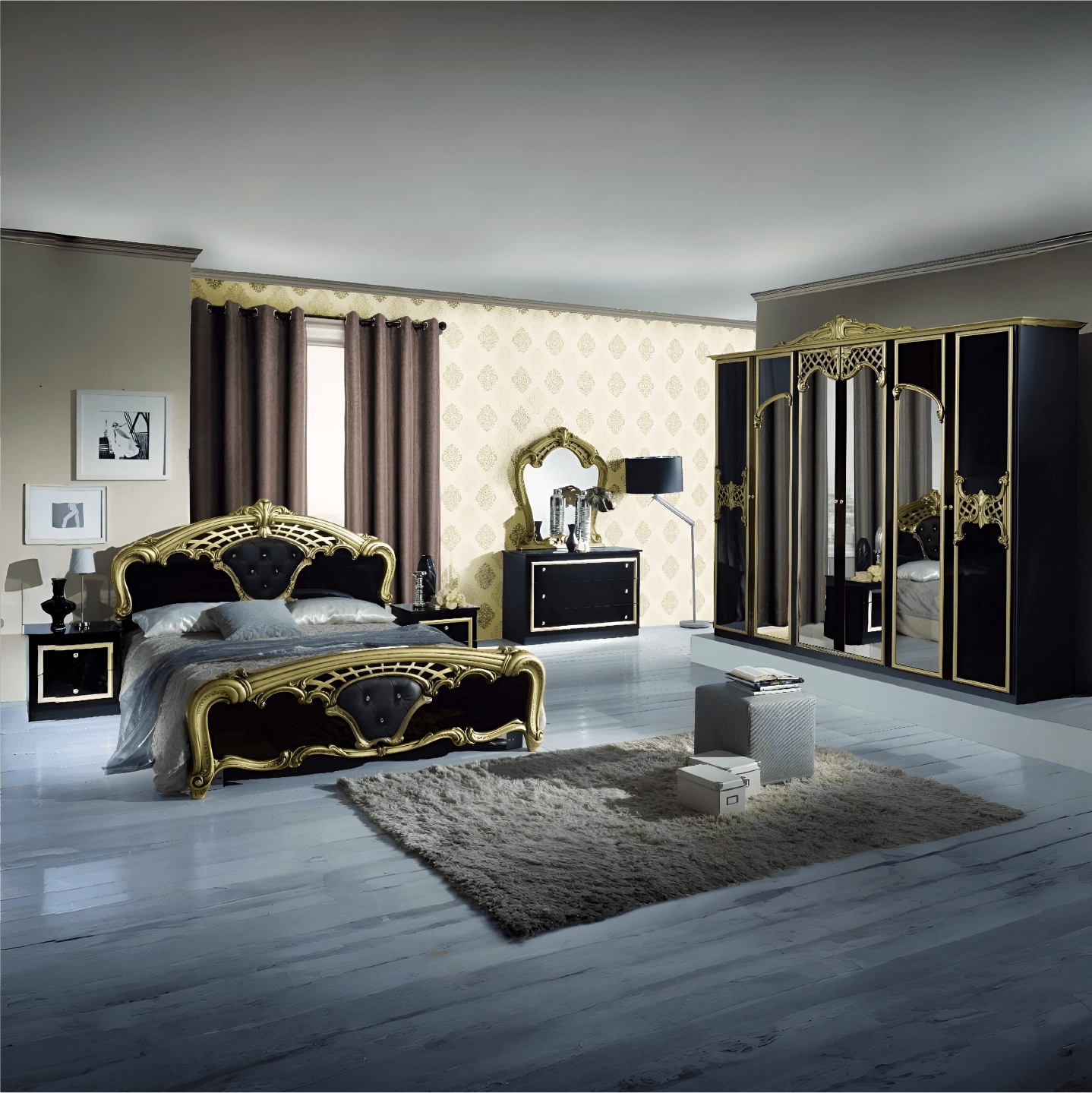 Eva Italian 4 Doors High Gloss Black/ Gold Bedroom Set