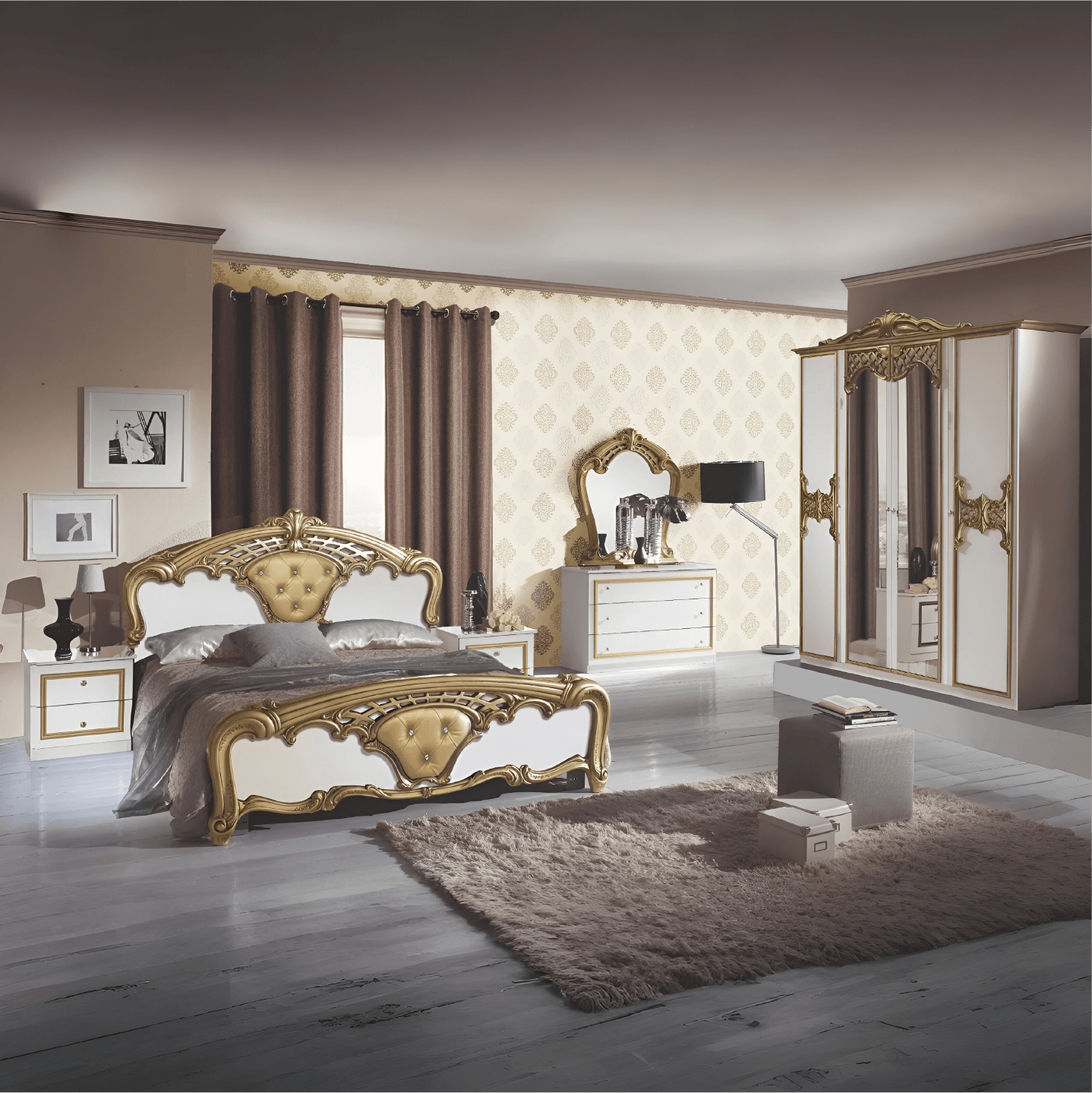 Eva Italian High Gloss 4Doors White and Gold Bedroom Set