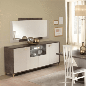 Ibiza 4 Doors Italian Sideboard Sand Birch & Brown High Gloss Display Cabinet with LED By SanMartino