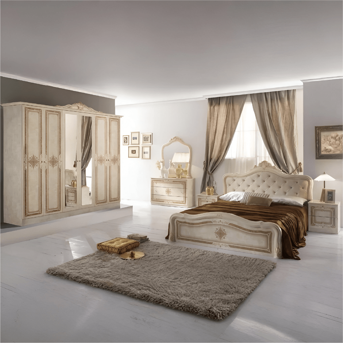 Luisa Italian High Gloss 6 Doors Bedroom Set Beige