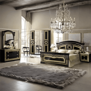 Luxury Camel Group Italian Aida 4Doors Black-Gold High Gloss Bedroom Set