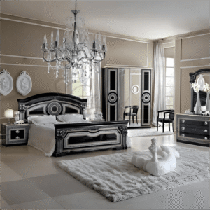 Luxury Camel Group Italian Aida 4Doors Black-Silver High Gloss Bedroom Set