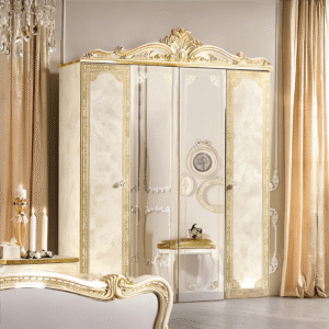 Camel Group Leonardo Italian High Gloss Ivory and Gold Finish 4 Door Mirror Wardrobe only