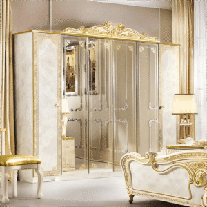 Camel Group Leonardo Italian High Gloss Ivory and Gold Finish 6 Door Mirror Wardrobe