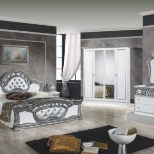 Marwa Italian White - Silver High Gloss 4 Doors Italian Bedroom Set