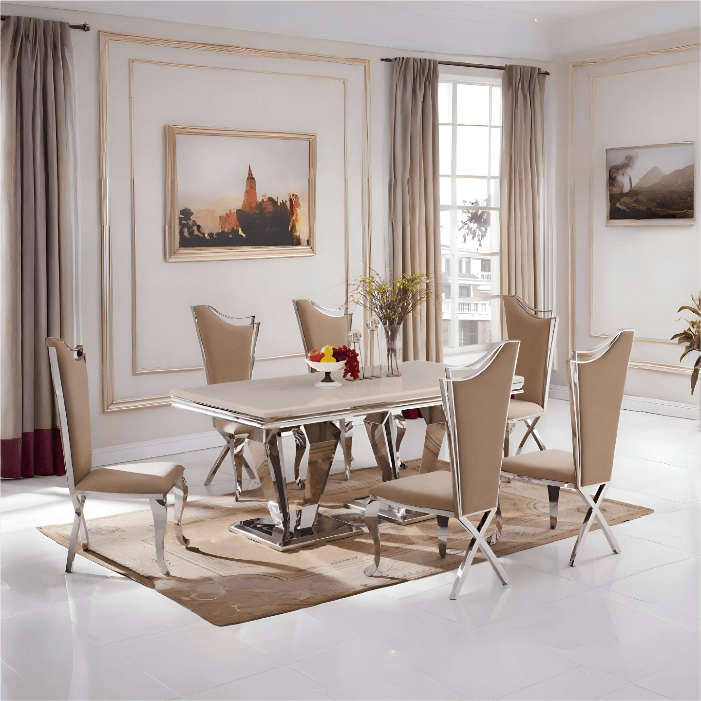 Mowana Marble (Bone White) Top Dining Table with 6 Nerona Chairs