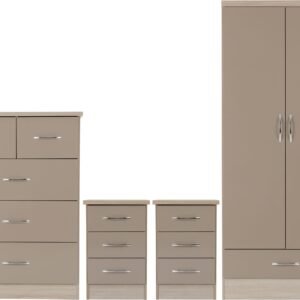 Nevada 2 Door 1 Drawer Wardrobe Bedroom Set Oyster Gloss/Light Oak Effect Veneer