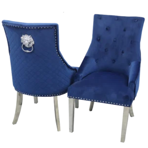 Bentley Blue Velvet Chrome Dining Chair Knocker Back