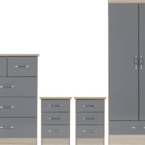 Nevada 2 Door 1 Drawer Wardrobe Bedroom Set Grey Gloss/Light Oak Effect Veneer