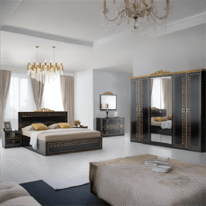 New Olimp Italian Large 6 Doors Black Gold Bedroom Set
