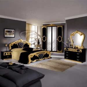 New Original Luxury Sibila Italian High Gloss 6 Doors Bedroom Set Black/gold