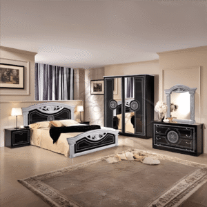 New Roma High Glossy Italian Bedroom Set Black/Silver Topline Mobili