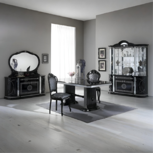 New Venus Versace Style Black and Silver Ext-Dining Table with 6 Chairs Ben Company