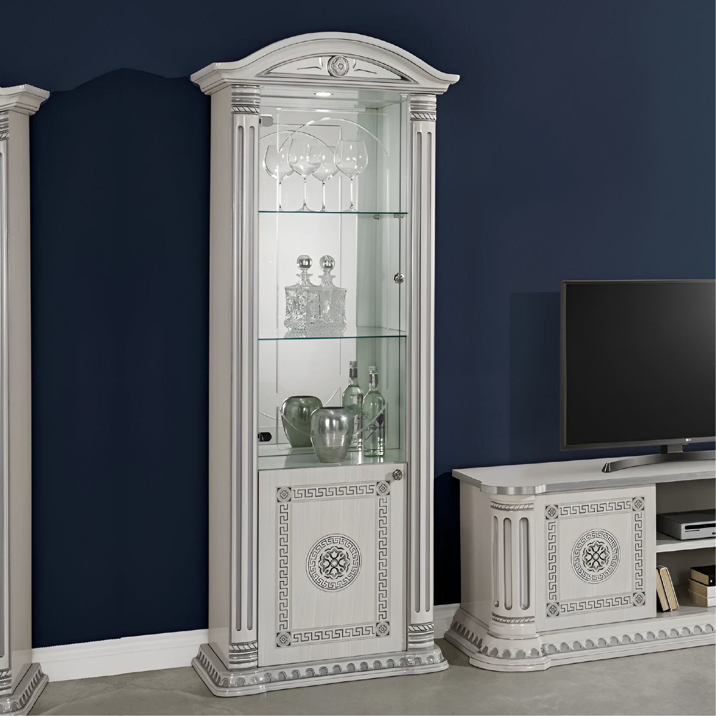 New Versace Italian Aurora Single Door Vitrine Display Unit Grey and Silver H2O Design