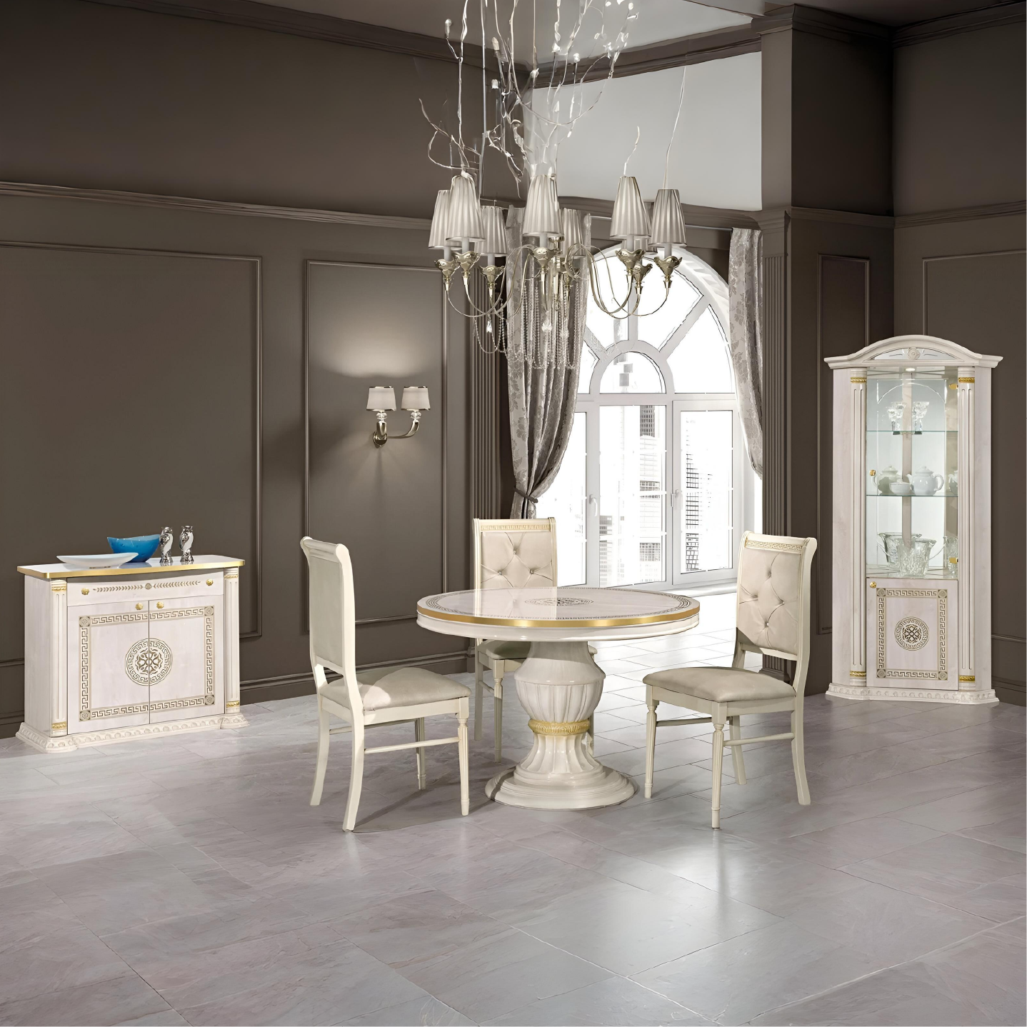 New Versace Italian Beige and Gold Aurora Oval Ext-Dining Set + 4 Chairs H2O Design