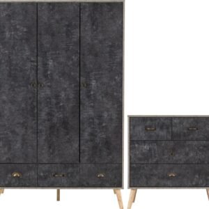 Nordic 3 Door 3 Drawer Wardrobe Bedroom Set Concrete Effect/Charcoal