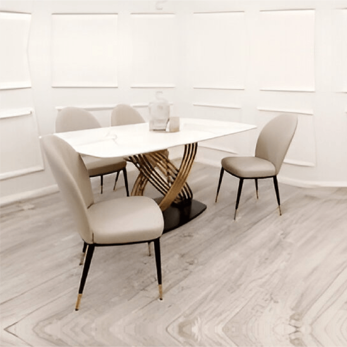 Orion Gold 1.8 Dining Table with Polar White Sintered Stone Top + 6 Astra Leather Chairs